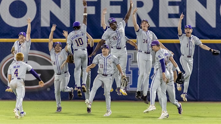 May 23, 2024; Hoover, AL, USA; The LSU Tigers celebrate a 11-10 win over the South Carolina Gamecocks during the SEC Baseball Tournament at Hoover Metropolitan Stadium. Mandatory Credit: Vasha Hunt-USA TODAY Sports