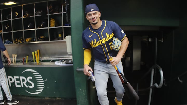 Sep 24, 2024; Pittsburgh, Pennsylvania, USA;  Milwaukee Brewers shortstop Willy Adames (27) enters the dugout to play the Pittsburgh Pirates at PNC Park. 