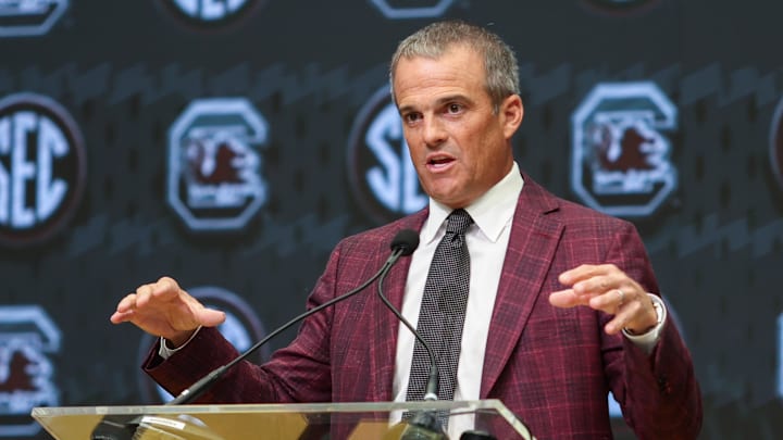 Jul 14, 2025; Atlanta, GA, USA; South Carolina Gamecocks head coach Shane Beamer talks to the media during SEC Media Day at Omni Atlanta Hotel. Mandatory Credit: Jordan Godfree-Imagn Images