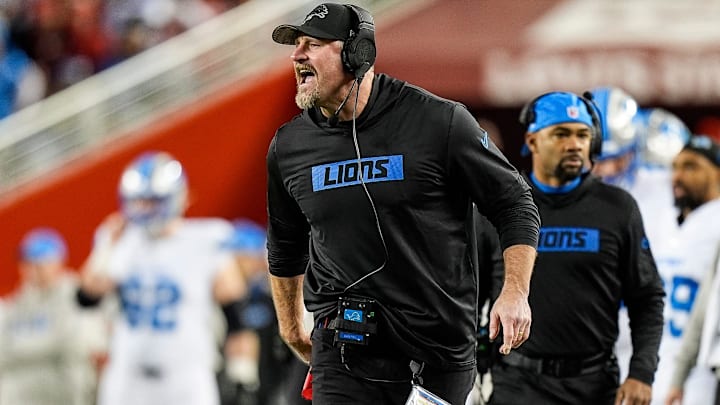 Detroit Lions head coach Dan Campbell reacts to a play against San Francisco 49ers during the first half at Levi's Stadium.