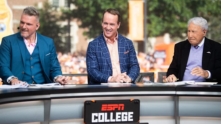 Peyton Manning during ESPN's College GameDay show held outside of Ayres Hall on the University of Tennessee campus in Knoxville, Tenn. on Saturday, Oct. 15, 2022. The college football pregame show returned to Knoxville for the second time this season for No. 8 Tennessee's SEC rivalry game against No. 1 Alabama.