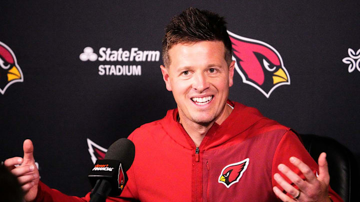 Arizona Cardinals head coach Mike LaFleur talks to the media during rookie mini-camp on May 8, 2026, at the Dignity Health Arizona Cardinals Training Center in Tempe.