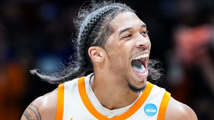 Tennessee Volunteers guard Zakai Zeigler (5) celebrates Friday, March 28, 2025, during the NCAA Tournament Sweet 16 game at Lucas Oil Stadium in Indianapolis.