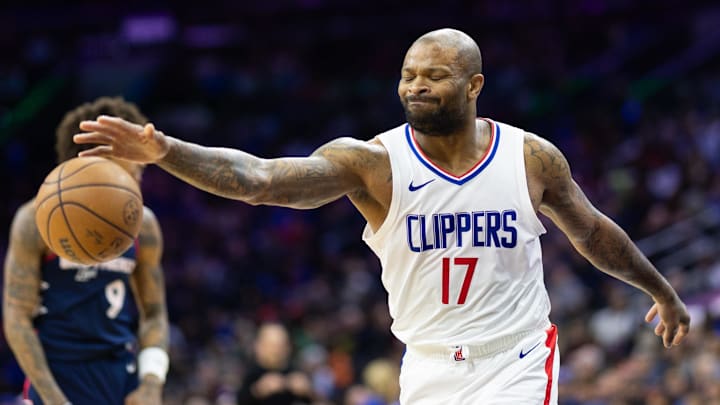 Mar 27, 2024; Philadelphia, Pennsylvania, USA; LA Clippers forward P.J. Tucker (17) reacts after