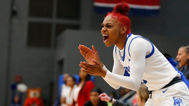 Memphis' Shelbee Brown (3) cheers on her teammates during the WNIT first round game between Memphis and Jackson State in the Elma Roane Field House at the University of Memphis in Memphis, Tenn., on March 16, 2023.