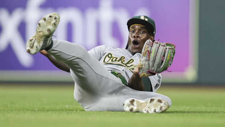 Sep 11, 2024; Houston, Texas, USA; Oakland Athletics right fielder Lawrence Butler (4) reacts after making a catch on a fly ball during the eighth inning against the Houston Astros at Minute Maid Park. Mandatory Credit: Troy Taormina-Imagn Images Sep 11, 2024; Houston, Texas, USA; Oakland Athletics right fielder Lawrence Butler (4) reacts after making a catch on a fly ball during the eighth inning against the Houston Astros at Minute Maid Park. Mandatory Credit: Troy Taormina-Imagn Images