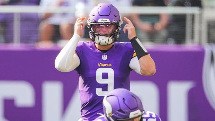 Aug 10, 2024; Minneapolis, Minnesota, USA; Minnesota Vikings quarterback J.J. McCarthy (9) under center against the Las Vegas Raiders in the third quarter at U.S. Bank Stadium. Mandatory Credit: Brad Rempel-Imagn Images
