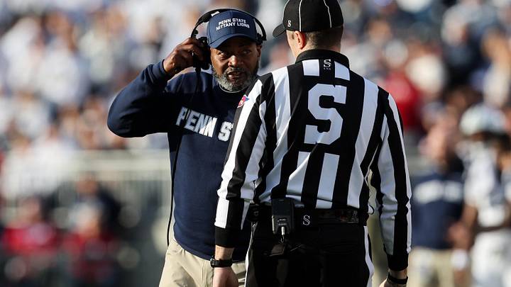 Nov 8, 2025; University Park, Pennsylvania, USA; Penn State Nittany Lions head coach Terry Smith talks with an official during the fourth quarter against the Indiana Hoosiers at Beaver Stadium. Mandatory Credit: Matthew O'Haren-Imagn Images Nov 8, 2025; University Park, Pennsylvania, USA; Penn State Nittany Lions head coach Terry Smith talks with an official during the fourth quarter against the Indiana Hoosiers at Beaver Stadium. Mandatory Credit: Matthew O'Haren-Imagn Images