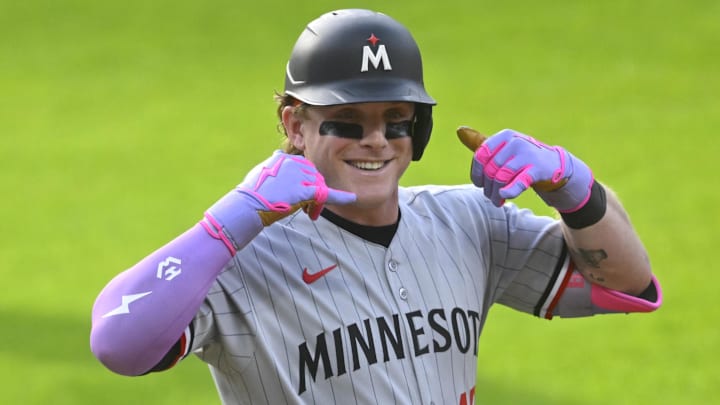 Minnesota Twins left fielder Harrison Bader reacts after walking in the second inning against the Cleveland Guardians at Progressive Field in Cleveland on April 28, 2025.