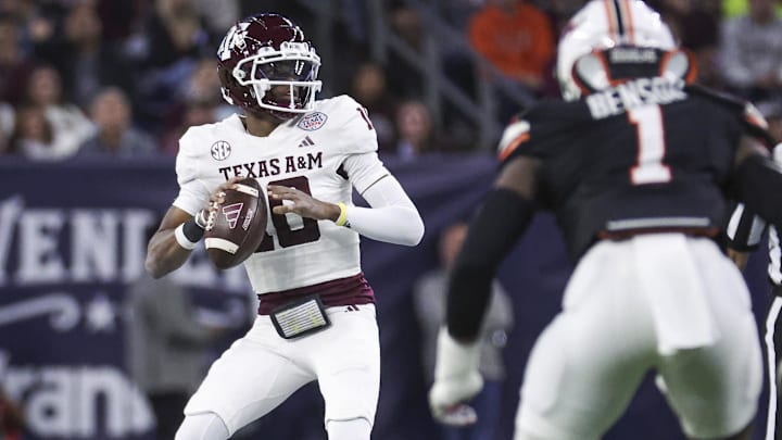 Dec 27, 2023; Houston, TX, USA; Texas A&M Aggies quarterback Marcel Reed (10) looks for an open