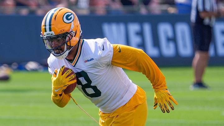 Green Bay Packers running back Josh Jacobs (8) runs through a drill during the second day of training camp Thursday, July 30, 2026, at the Don Hutson Center in Ashwaubenon, Wisconsin.