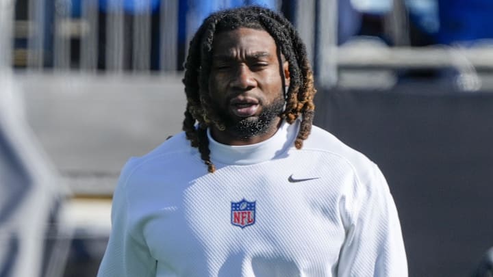 Dec 24, 2022; Charlotte, North Carolina, USA; Detroit Lions linebacker James Houston (59) walks the field during pregame warm ups against the Carolina Panthers at Bank of America Stadium. Mandatory Credit: Jim Dedmon-Imagn Images
