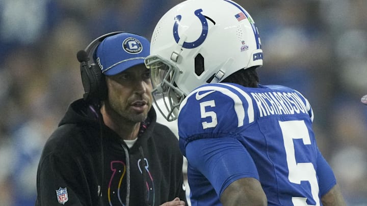 Sep 29, 2024; Indianapolis, Indiana, USA;  Indianapolis Colts quarterback Anthony Richardson (5) talks with Indianapolis Colts Shane Steichen on Sunday, Sept. 29, 2024, during a game against the Pittsburgh Steelers at Lucas Oil Stadium in Indianapolis. Mandatory Credit: Christine Tannous-USA TODAY Network via Imagn Images