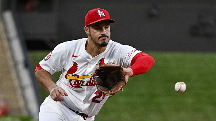 Sep 16, 2024; St. Louis, Missouri, USA; St. Louis Cardinals third baseman Nolan Arenado (28) fields a ground ball against the Pittsburgh Pirates during the first inning at Busch Stadium. Mandatory Credit: Jeff Curry-Imagn Images Sep 16, 2024; St. Louis, Missouri, USA; St. Louis Cardinals third baseman Nolan Arenado (28) fields a ground ball against the Pittsburgh Pirates during the first inning at Busch Stadium. Mandatory Credit: Jeff Curry-Imagn Images