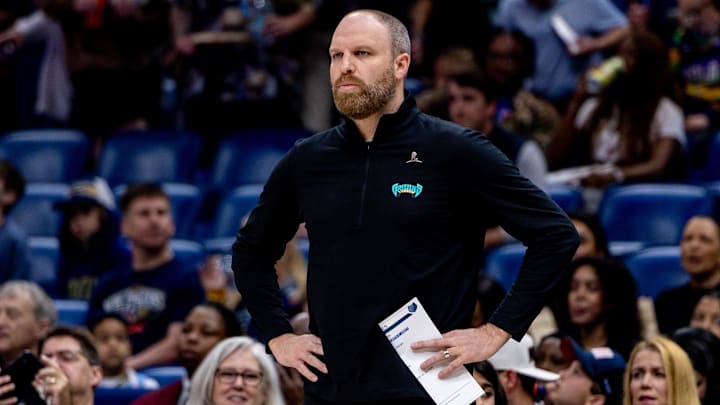 Mar 9, 2025; New Orleans, Louisiana, USA;  New Orleans Pelicans head coach Taylor Jenkins looks on against the New Orleans Pelicans during the first half at Smoothie King Center. Mandatory Credit: Stephen Lew-Imagn Images
