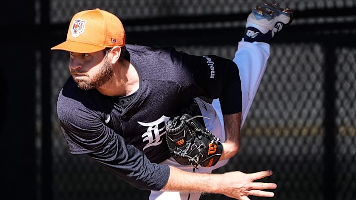 Detroit Tigers pitcher Jason Foley works out during spring training at TigerTown in Lakeland, Fla. on Monday, Feb. 17, 2025.