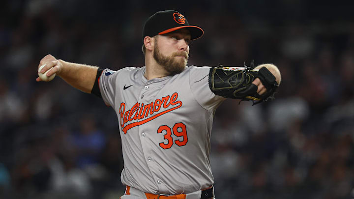 Sep 26, 2024; Bronx, New York, USA; Baltimore Orioles starting pitcher Corbin Burnes (39) delivers a pitch during the first inning against the New York Yankees at Yankee Stadium. Mandatory Credit: Vincent Carchietta-Imagn Images Sep 26, 2024; Bronx, New York, USA; Baltimore Orioles starting pitcher Corbin Burnes (39) delivers a pitch during the first inning against the New York Yankees at Yankee Stadium. Mandatory Credit: Vincent Carchietta-Imagn Images