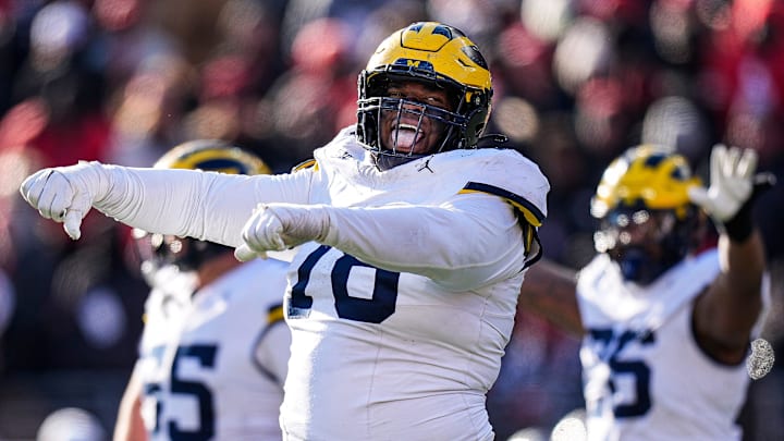 Michigan defensive lineman Kenneth Grant (78) celebrates after Ohio State misses a field goal during the second half at Ohio Stadium in Columbus, Ohio on Saturday, Nov. 30, 2024.