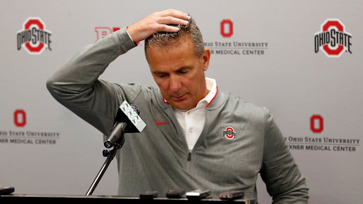 Ohio State football head coach Urban Meyer talks to the media for the first time since returning from his three-game suspension at the Woody Hayes Athletic Center in Columbus on Sept. 17, 2018.