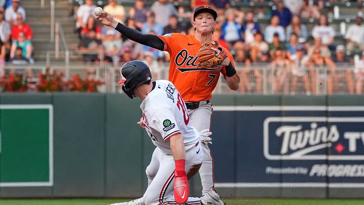 Aug 10, 2026; Minneapolis, Minnesota, USA; Baltimore Orioles second baseman Jackson Holliday (7) forces out Minnesota Twins catcher Ryan Jeffers (27) and turns a double play on a ball hit by Minnesota Twins designated hitter Josh Bell (not pictured) in the first inning at Target Field. Mandatory Credit: Bruce Kluckhohn-Imagn Images Aug 10, 2026; Minneapolis, Minnesota, USA; Baltimore Orioles second baseman Jackson Holliday (7) forces out Minnesota Twins catcher Ryan Jeffers (27) and turns a double play on a ball hit by Minnesota Twins designated hitter Josh Bell (not pictured) in the first inning at Target Field. Mandatory Credit: Bruce Kluckhohn-Imagn Images