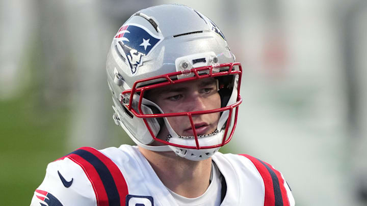 Feb 8, 2026; Santa Clara, CA, USA; New England Patriots quarterback Drake Maye (10) during halftime against the Seattle Seahawks in Super Bowl LX at Levi's Stadium. 