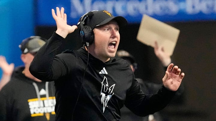 Arizona State head coach Kenny Dillingham calls a play against Texas during the fourth quarter in the Chick-fil-A Peach Bowl in Atlanta on Wednesday, Jan. 1, 2025. Arizona State head coach Kenny Dillingham calls a play against Texas during the fourth quarter in the Chick-fil-A Peach Bowl in Atlanta on Wednesday, Jan. 1, 2025.