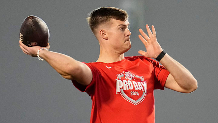 Ohio State Buckeyes quarterback Will Howard throws during the pro day for NFL scouts at the Woody Hayes Athletic Cente on March 26, 2025. Ohio State Buckeyes quarterback Will Howard throws during the pro day for NFL scouts at the Woody Hayes Athletic Cente on March 26, 2025.