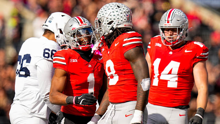 Ohio State Buckeyes cornerback Davison Igbinosun (1) and linebacker Arvell Reese (8) celebrate after Reese sacked the quarterback in the second half of the college football game at Ohio Stadium on Saturday, Nov. 1, 2025 in Columbus, Ohio. Ohio State Buckeyes cornerback Davison Igbinosun (1) and linebacker Arvell Reese (8) celebrate after Reese sacked the quarterback in the second half of the college football game at Ohio Stadium on Saturday, Nov. 1, 2025 in Columbus, Ohio.