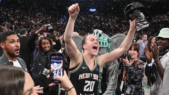 Oct 20, 2024; Brooklyn, New York, USA; New York Liberty guard Sabrina Ionescu (20) celebrates after defeating the Minnesota Lynx in overtime to win the 2024 WNBA Finals at Barclays Center. Mandatory Credit: Wendell Cruz-Imagn Images Oct 20, 2024; Brooklyn, New York, USA; New York Liberty guard Sabrina Ionescu (20) celebrates after defeating the Minnesota Lynx in overtime to win the 2024 WNBA Finals at Barclays Center. Mandatory Credit: Wendell Cruz-Imagn Images
