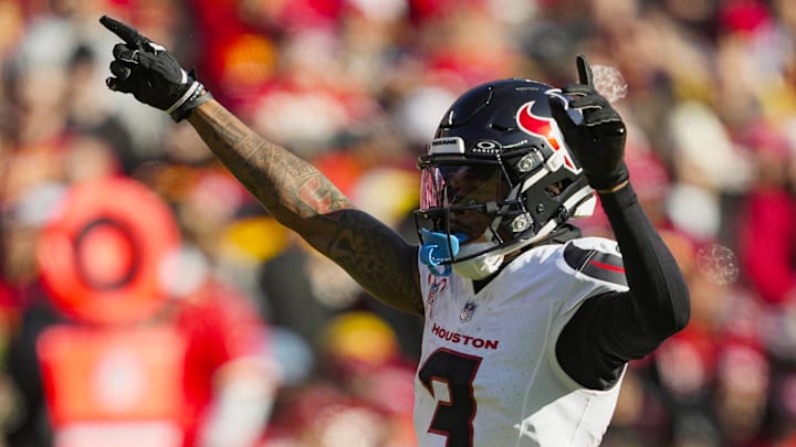 Dec 21, 2024; Kansas City, Missouri, USA; Houston Texans wide receiver Tank Dell (3) celebrates after a play during the first half against the Kansas City Chiefs at GEHA Field at Arrowhead Stadium. Mandatory Credit: Jay Biggerstaff-Imagn Images
