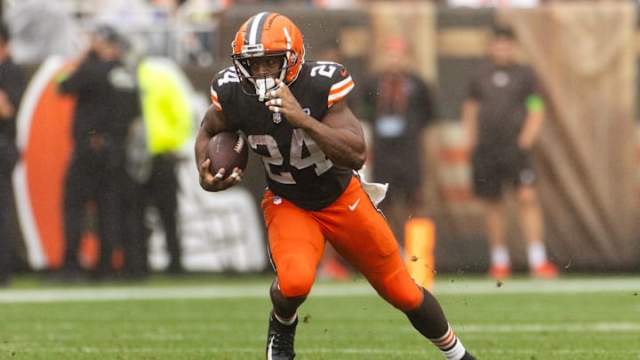 Sep 10, 2023; Cleveland, Ohio, USA; Cleveland Browns running back Nick Chubb (24) runs the ball against the Cincinnati Bengals during the third quarter at Cleveland Browns Stadium. Mandatory Credit: Scott Galvin-Imagn Images