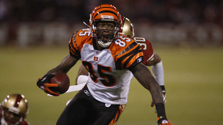 Dec 15, 2007; San Francisco, CA, USA; Cincinnati Bengals wide receiver Chad Johnson (85) looks to run after making a catch near the sideline against the San Francisco 49ers during the fourth quarter at Monster Park in San Francisco, CA. The San Francisco 49ers defeated the Cincinnati Bengals 20-13. Mandatory Credit: Cary Edmondson-Imagn Images Dec 15, 2007; San Francisco, CA, USA; Cincinnati Bengals wide receiver Chad Johnson (85) looks to run after making a catch near the sideline against the San Francisco 49ers during the fourth quarter at Monster Park in San Francisco, CA. The San Francisco 49ers defeated the Cincinnati Bengals 20-13. Mandatory Credit: Cary Edmondson-Imagn Images