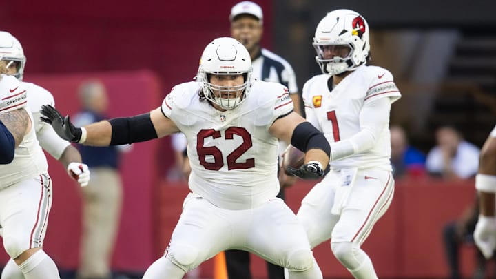 Dec 15, 2024; Glendale, Arizona, USA; Arizona Cardinals center Evan Brown (62) against the New England Patriots at State Farm Stadium. Mandatory Credit: Mark J. Rebilas-Imagn Images