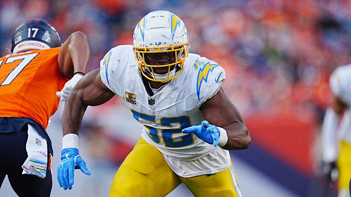 Oct 13, 2024; Denver, Colorado, USA; Los Angeles Chargers linebacker Khalil Mack (52) during the second half against the Denver Broncos at Empower Field at Mile High. Mandatory Credit: Ron Chenoy-Imagn Images Oct 13, 2024; Denver, Colorado, USA; Los Angeles Chargers linebacker Khalil Mack (52) during the second half against the Denver Broncos at Empower Field at Mile High. Mandatory Credit: Ron Chenoy-Imagn Images
