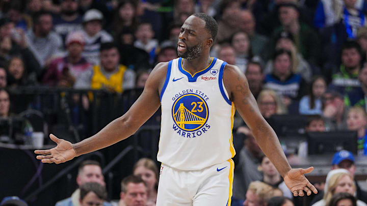 Mar 24, 2024; Minneapolis, Minnesota, USA; Golden State Warriors forward Draymond Green (23) complains about a call against the Minnesota Timberwolves in the third quarter at Target Center. Mandatory Credit: Brad Rempel-Imagn Images