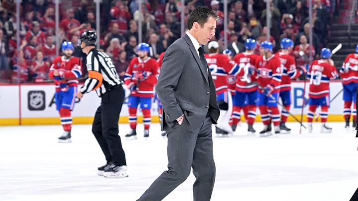 Mar 24, 2026; Montreal, Quebec, CAN; Carolina Hurricanes head coach Rod Brind'Amour leaves the ice as Montreal Canadiens celebrate a win at the Bell Centre. Mandatory Credit: Eric Bolte-Imagn Images