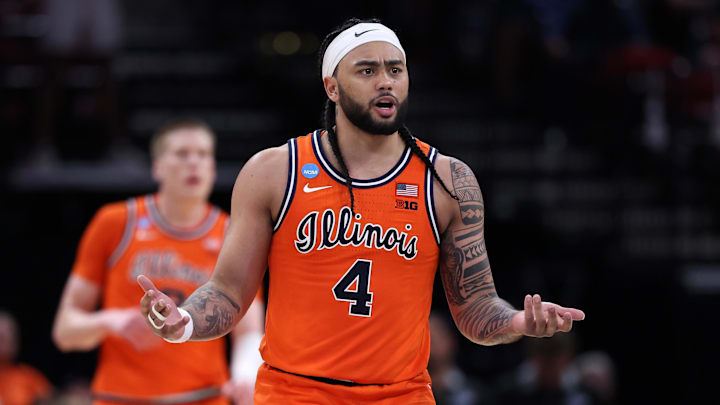 Mar 26, 2026; Houston, TX, USA; Illinois Fighting Illini guard Kylan Boswell (4) reacts against the Houston Cougars in the first half during a Sweet Sixteen game of the South Regional of the men's 2026 NCAA Tournament at Toyota Center. Mandatory Credit: Troy Taormina-Imagn Images Mar 26, 2026; Houston, TX, USA; Illinois Fighting Illini guard Kylan Boswell (4) reacts against the Houston Cougars in the first half during a Sweet Sixteen game of the South Regional of the men's 2026 NCAA Tournament at Toyota Center. Mandatory Credit: Troy Taormina-Imagn Images