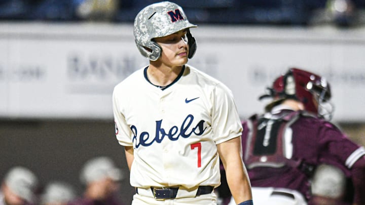 Ole Miss infielder Luke Hill (7) reacts to striking out in the 8th inning against Mississippi State at Swayze Field in Oxford, Miss., on Friday, Apr. 12, 2024.