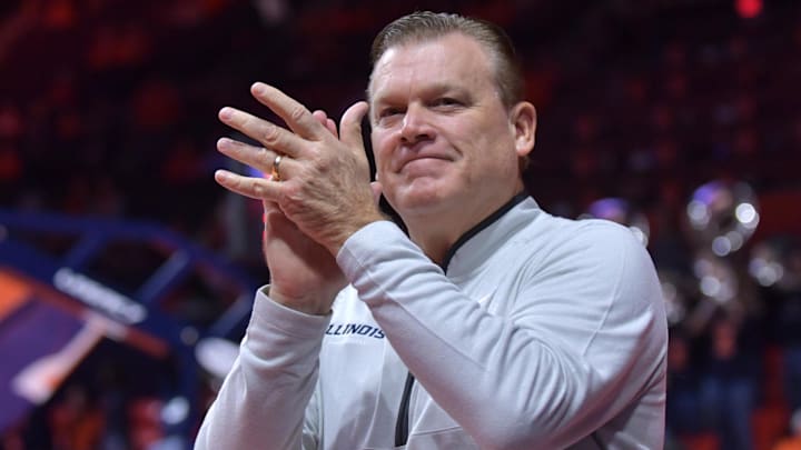 Nov 23, 2024; Champaign, Illinois, USA; Illinois Fighting Illini head coach Brad Underwood during the first half against the Maryland-Eastern Shore Hawks at State Farm Center. Mandatory Credit: Ron Johnson-Imagn Images Nov 23, 2024; Champaign, Illinois, USA; Illinois Fighting Illini head coach Brad Underwood during the first half against the Maryland-Eastern Shore Hawks at State Farm Center. Mandatory Credit: Ron Johnson-Imagn Images