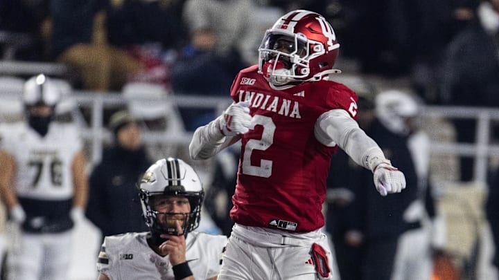 Indiana Hoosiers linebacker Jailin Walker (2) celebrates the sack of Purdue Boilermakers quarterback Ryan Browne (15) in the second half at Memorial Stadium. Indiana Hoosiers linebacker Jailin Walker (2) celebrates the sack of Purdue Boilermakers quarterback Ryan Browne (15) in the second half at Memorial Stadium.
