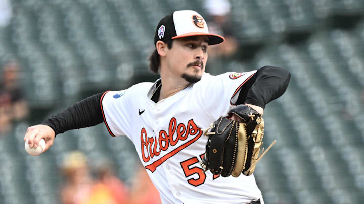 Sep 11, 2025; Baltimore, Maryland, USA;  Baltimore Orioles pitcher Kade Strowd (57) delivers a pitch during the eighth inning against the Pittsburgh Pirates at Oriole Park at Camden Yards. Mandatory Credit: James A. Pittman-Imagn Images