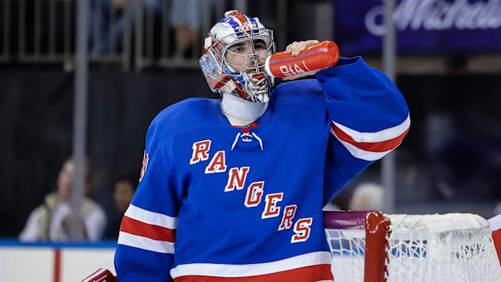 Sep 26, 2022; New York, New York, USA; New York Rangers goaltender Dylan Garand (98) drinks water during a game against the New York Islanders at Madison Square Garden. Mandatory Credit: Jessica Alcheh-Imagn Images