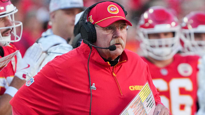 Kansas City Chiefs head coach Andy Reid watches play against the Denver Broncos during the second half at GEHA Field at Arrowhead Stadium.