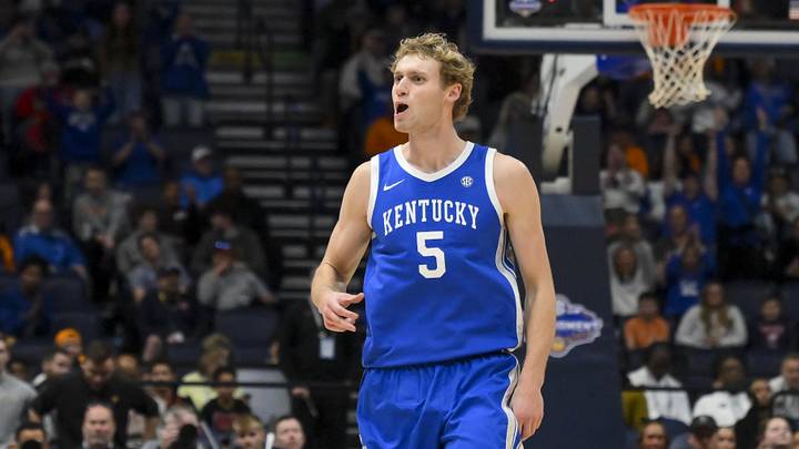 Mar 12, 2026; Nashville, TN, USA;  Kentucky Wildcats guard Collin Chandler (5) reacts after a made three point basket against the Missouri Tigers during the second half at Bridgestone Arena. Mandatory Credit: Steve Roberts-Imagn Images