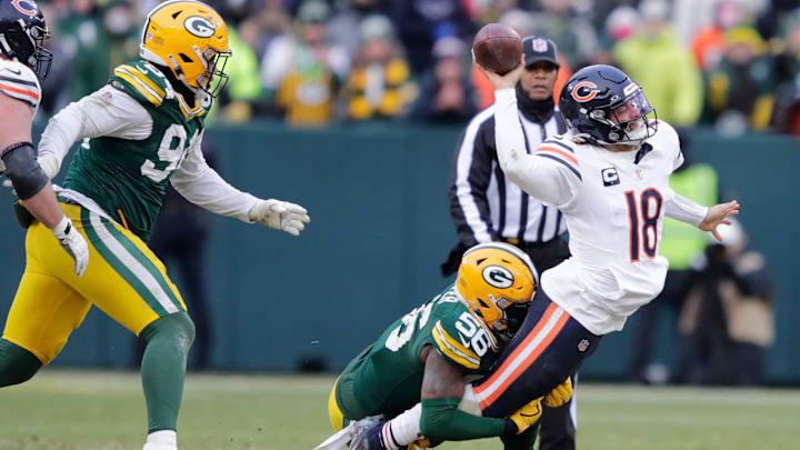Edgerrin Cooper gets ahold of Caleb Williams before he can get off a pass in the fourth quarter of last season's Bears win. Edgerrin Cooper gets ahold of Caleb Williams before he can get off a pass in the fourth quarter of last season's Bears win.