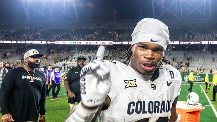 CU football standout athlete Travis Hunter flashes a No. 1 with his finger after a win against CSU in the Rocky Mountain Showdown at Canvas Stadium on Saturday, Sept. 14, 2024, in Fort Collins, Colo. CU football standout athlete Travis Hunter flashes a No. 1 with his finger after a win against CSU in the Rocky Mountain Showdown at Canvas Stadium on Saturday, Sept. 14, 2024, in Fort Collins, Colo.