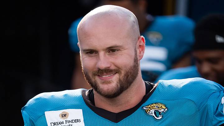 Jacksonville Jaguars center Luke Fortner (79) was all smiles while walking out of the tunnel during Helmet Walk before an NFL scrimmage at EverBank Stadium Friday August 1, 2025, in Jacksonville, Fla. [Doug Engle/Florida Times-Union]