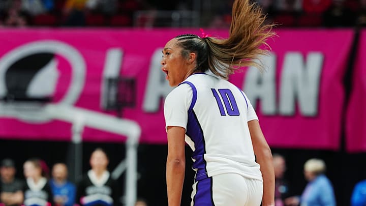 Johnston guard Jenica Lewis (10) celebrates after a three-point shot against Waukee NW during third quarter in the 5A girls high school state basketball championship game on March 6, 2026, at Casey’s Center in Des Moines, Iowa.