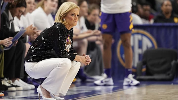 Mar 7, 2026; Greenville, SC, USA; Louisiana State Tigers head coach Kim Mulkey during the first half against the South Carolina Gamecocks at Bon Secours Wellness Arena. Mandatory Credit: Jim Dedmon-Imagn Images