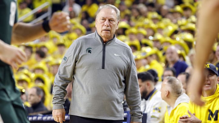 Feb 21, 2025; Ann Arbor, Michigan, USA; Michigan State Spartans head coach Tom Izzo looks on during the first half of the game against the Michigan Wolverines at Crisler Center. Mandatory Credit: Brian Bradshaw Sevald-Imagn Images
